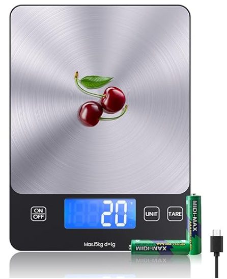 Bascula Cocina Digital de, Balanza Cocina USB C de Acero Inoxidable, Peso de Cocina Precisión de 1g Bascula de Cocina Multifuncional con Función de Tara