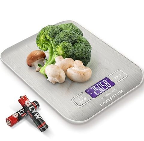 PORTENTUM Peso de Cocina con Pantalla LCD Acero Inoxidable, Balanza cocina precisa de 1 gramo a 5 kg